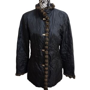 Cabi Black Quilted Damask Faux Fur Trim Mid-Length Winter Jacket M